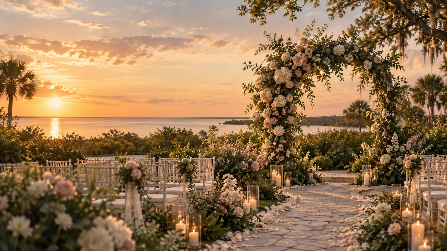 Romantic waterfront wedding styled with garden-inspired florals by Lark and Rose Floral Studio