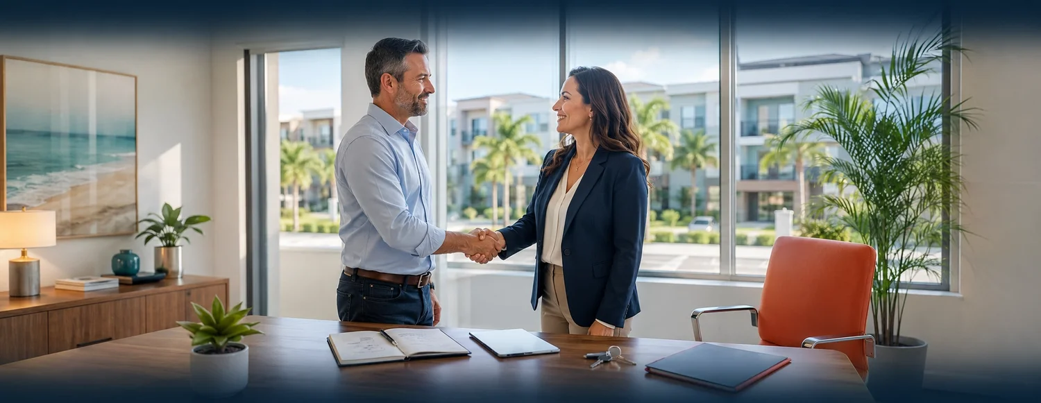 Property owner shaking hands with a professional property manager beside an office desk overlooking a modern apartment community