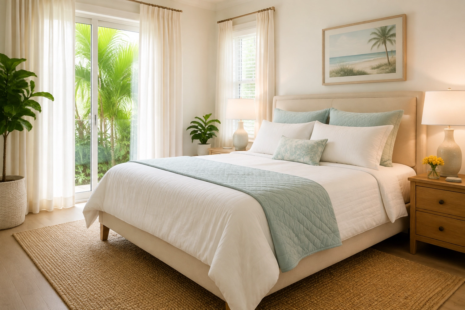 Bright, freshly cleaned Florida bedroom with neatly made mint-accented bedding