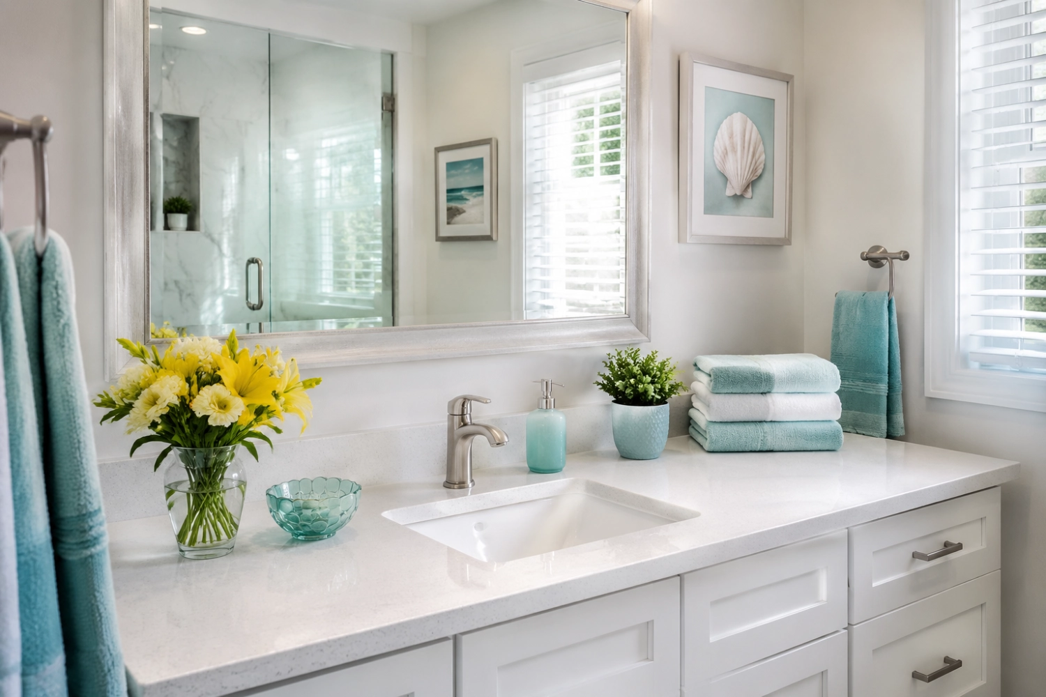 Bright, freshly cleaned bathroom vanity with turquoise towels and yellow flowers