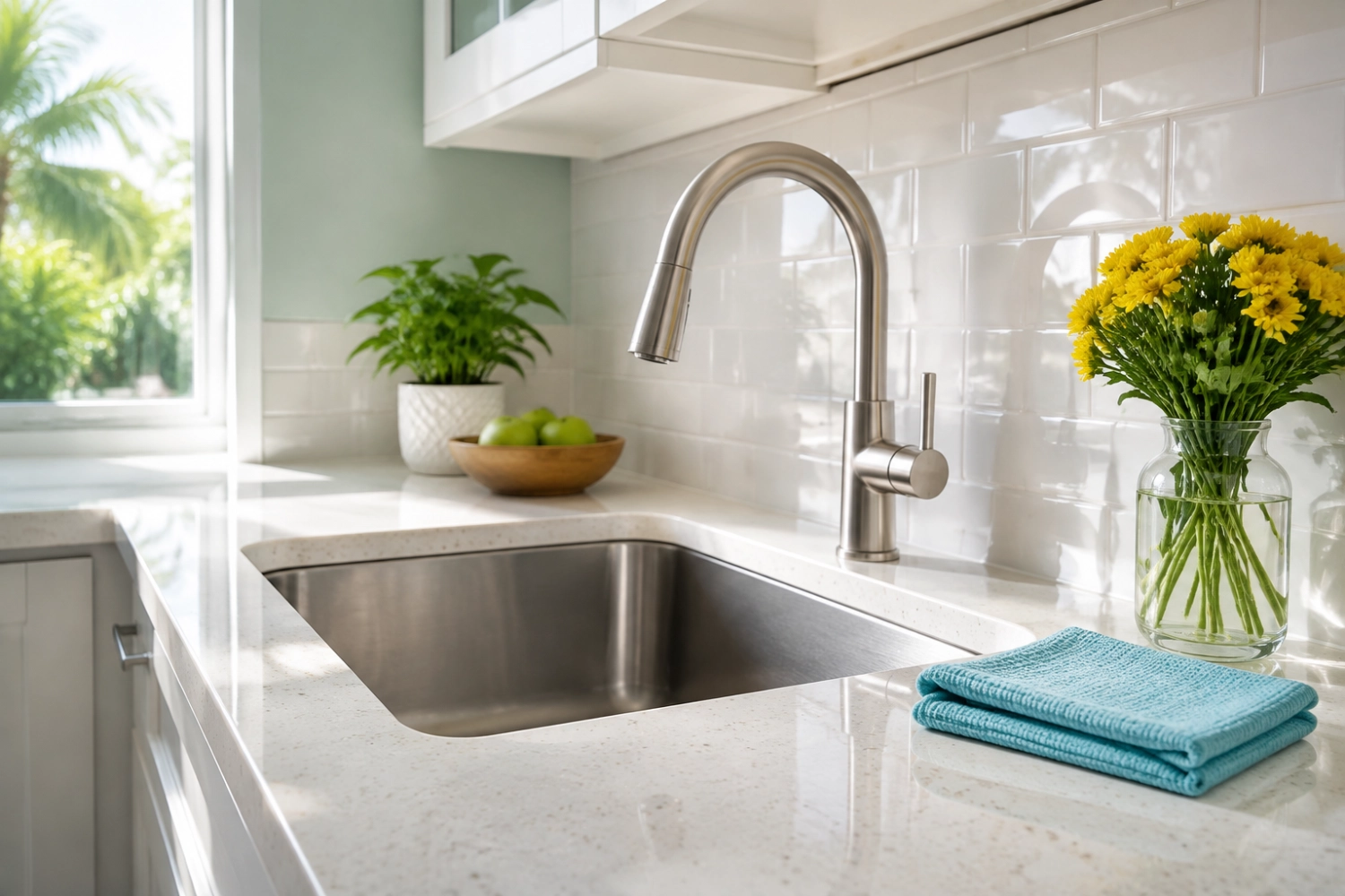 Spotless kitchen sink with polished quartz counter, turquoise cloth, and yellow flowers