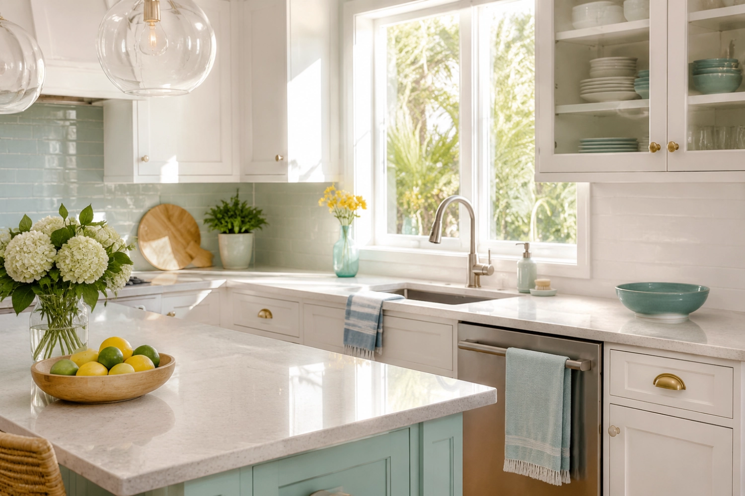 Bright, freshly cleaned kitchen with polished counters and soft turquoise accents