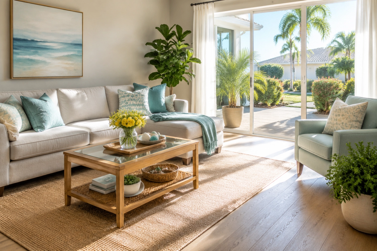 Bright, freshly cleaned Florida living room with turquoise and yellow accents