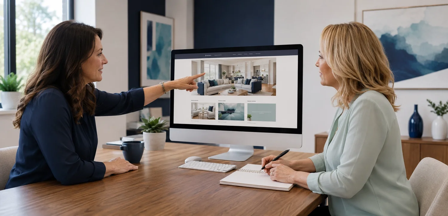 Website designer taking notes while a client points to a requested change on a website screen
