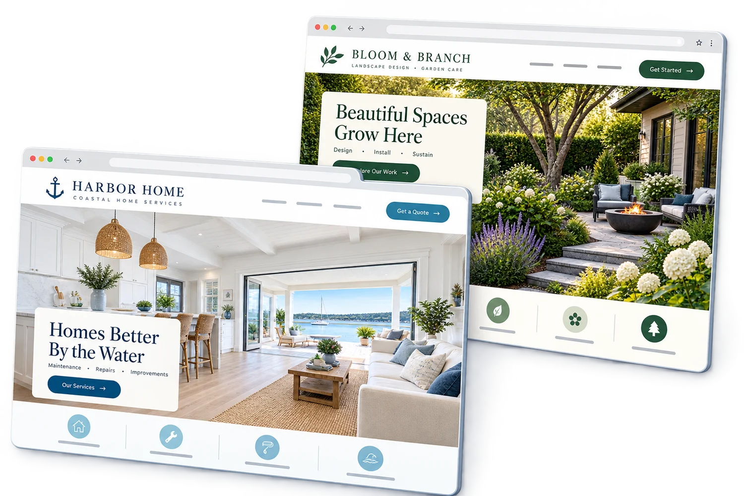 Two fictional small-business website designs created by Anchored Digital Solutions