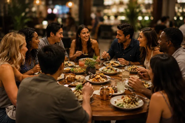 Group of friends enjoying a meal together at a restaurant