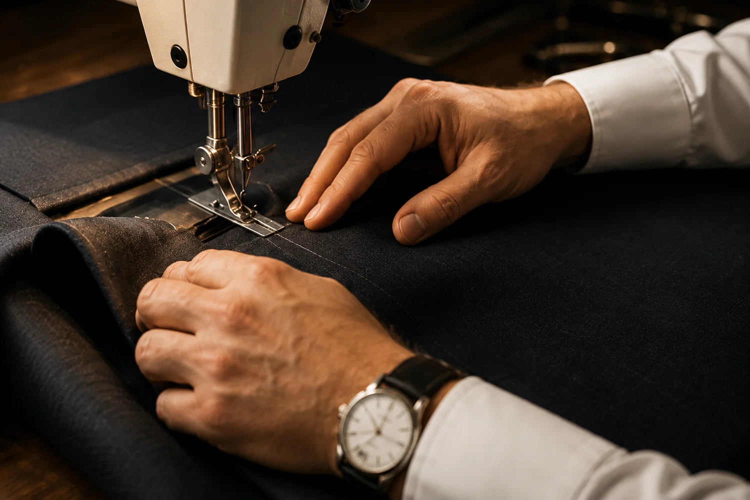 Tailor measuring a client during a custom suit fitting