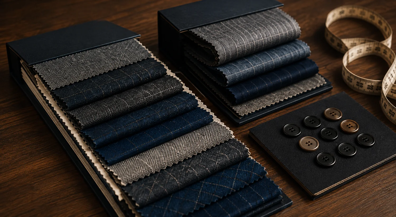 Close-up view of tailored suit fabric and jacket buttons
