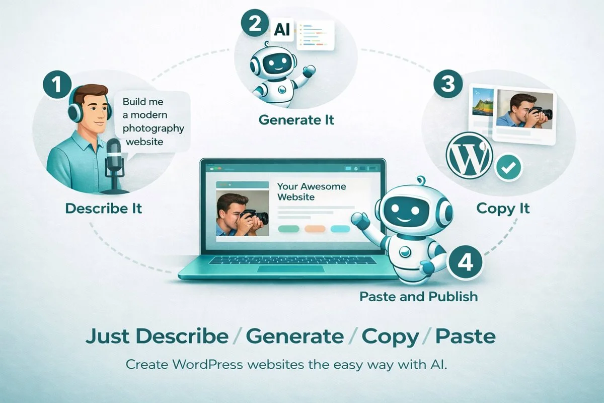 Four-step AI WordPress website workflow showing describe, generate, copy, paste and publish