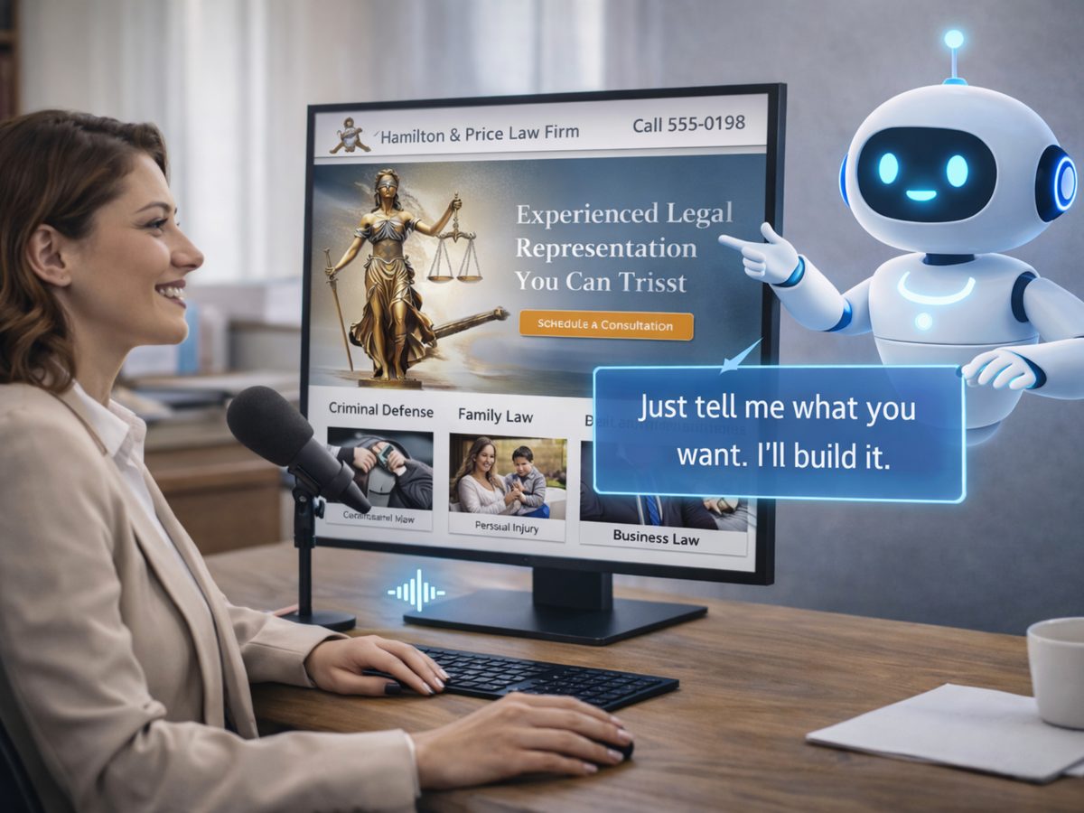 Law firm website being generated with AI assistance while the user directs the build through voice commands