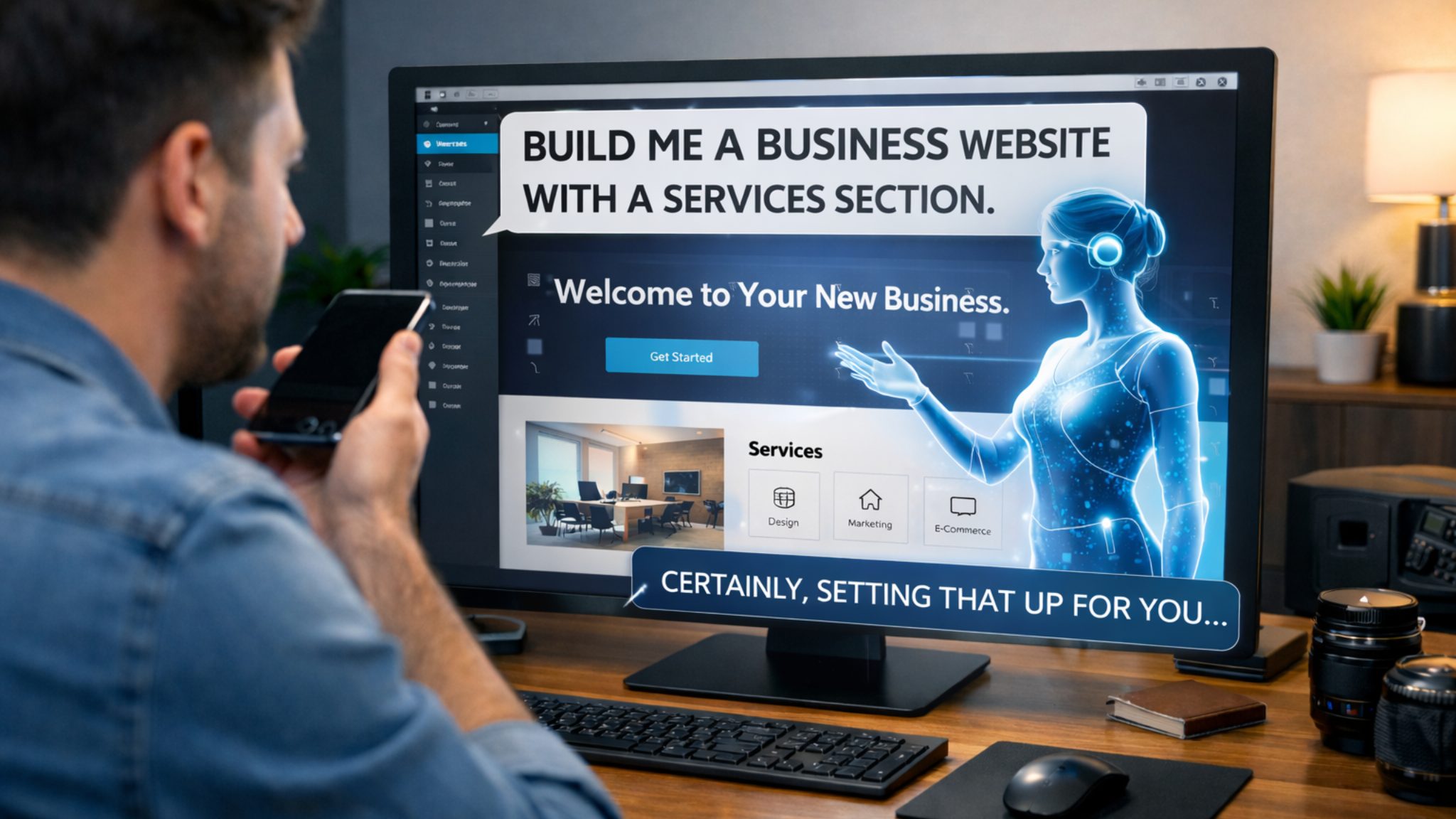 Voice command business website build workflow illustration
