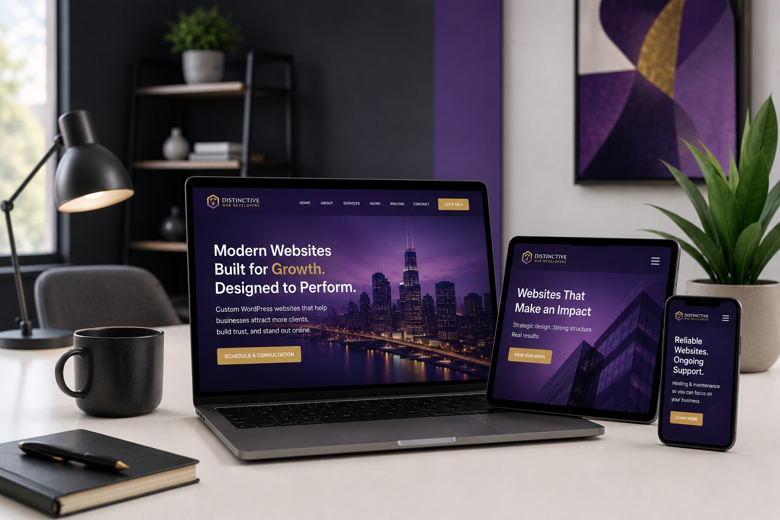 Modern website development workspace for Distinctive Web Developers