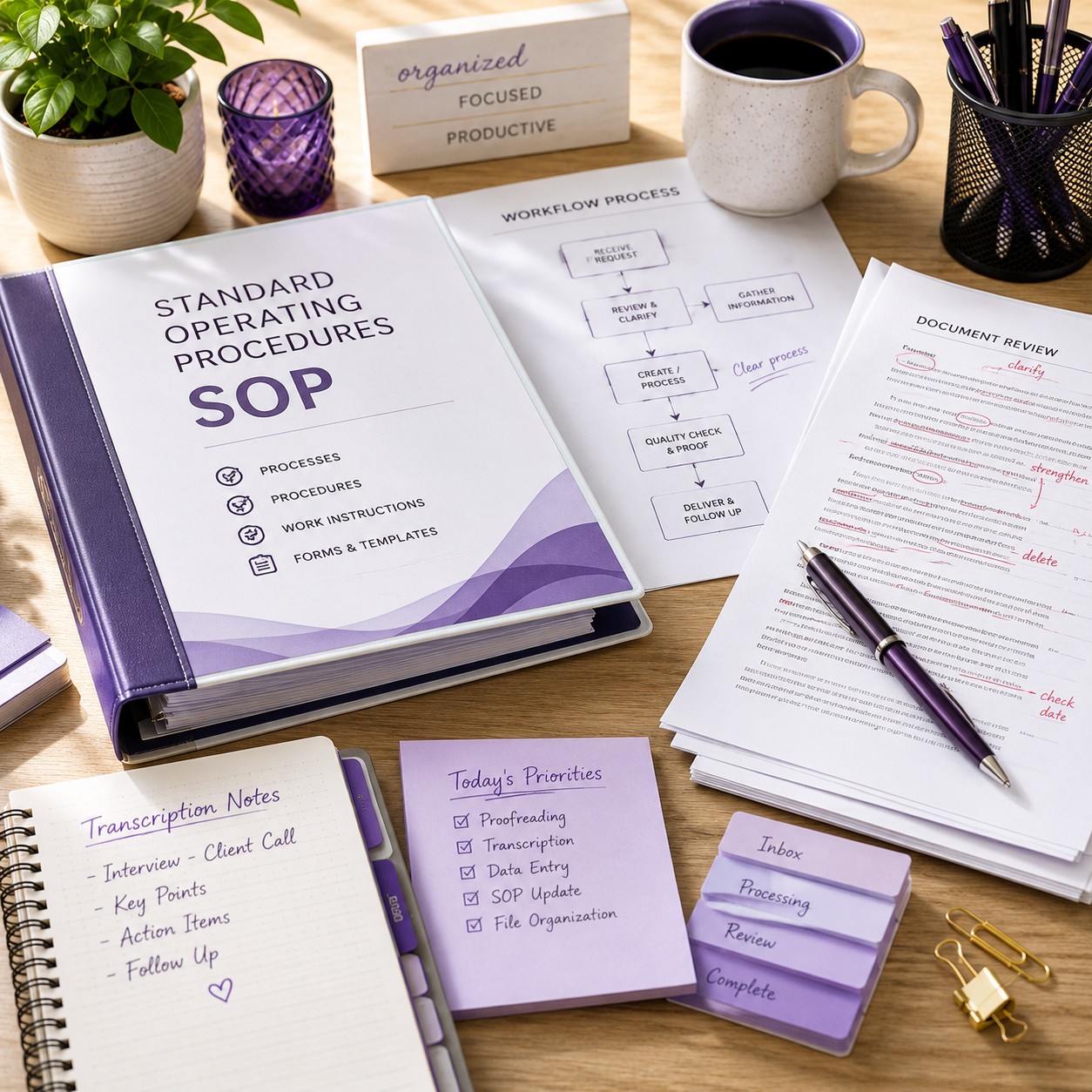 Organized desk for business documentation and support services
